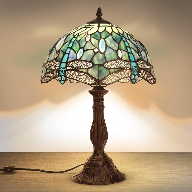 Pterying Tiffany Dragonfly Table Lamp, 18'' Tall Vintage Stained Glass