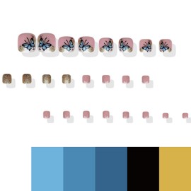 White French Tip Press on Toe Nails Blue Butterfly Fake Nails with Gold Glitter Designs Square False Toenails with Jelly Glue Full Cover Acrylic Stick on Toenails for Coquette Women 24Pcs