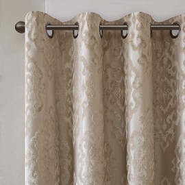 Sun Smart Mirage 100% Total Blackout Single Window Curtain, Knitted Jacquard Damask Room Darkening Curtain Panel with Grommet Top 50 x 108 in, Champange