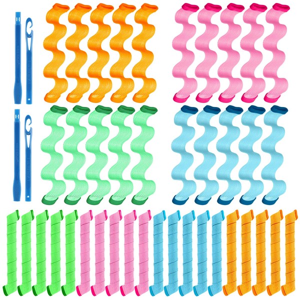 42 Pieces No Heat Hair Curlers Spiral Curls Styling Kit, Include 40 Pieces Magic Hair Curler Rollers Curling Rods 2 Pieces Styling Hooks for Long Hair Supplies (25 cm A/ 9.84 Inch, 20 cm B/ 7.87 Inch)