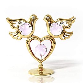 Mascot 24K Gold Plated Twin Doves W/Heart ON Stand W Element Wedding Gift Anniversary Home Decoration Present Birthday (Pink)