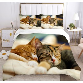JEFFEL Cat Bedding Set 135 x 200 cm, Animal Motif, Children's Bedding, Cat Pattern Duvet Cover 3D Pet Cat Duvet Cover Set, with Duvet Cover and Pillowcase (135 x 200 cm, Cat-1)
