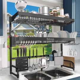 Babosas Over The Sink Dish Drying Rack,3 Tier Adjustable Length (25.5'' to 37.4'') Full Stainless Steel Large Storage Kitchen Dish Rack,For Kitchen Counter,Expandable Multifunctional Organizers,Black