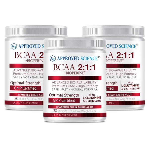 Approved Science® BCAA Powder - 2:1:1 BCAA Ratio - 3500 mg L-Leucine - Fruit Punch Flavor - 25 Ounce - 30 Servings - Workout Boost, Endurance, Prevent Burnout - BioPerine - Vegan Friendly - 3 Tubs