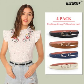 LEACOOLKEY Pack of 4 Thin Leather Belts for Women Dress Skinny Waist Belt with Gold Buckle for Jeans, G-Black+Brown+Blue+Beige(Style 3)