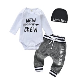 Derouetkia Newborn Baby Boy Clothes Letter Print New to The Crew Romper + Little Man Pants + Hat 3Pcs Outfit, White, 6-9 Months