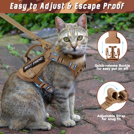 SALFSE Large Tactical Cat Harness Leash, Air Mesh Adult Cat Walking Vest Harness Escape Proof with Handle, Reflective (AKhaki, XL)