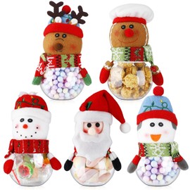 Tioncy 5 Pieces Christmas Candy Jar Cookie Jar with Plush Doll Lid Santa Claus Snowman Jar Clear Food Storage Container Bottle for Xmas Party Gifts Packaging
