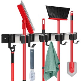 SLIIMU 16'' Broom and Mop Holder Wall Mount with 4 Racks 5 Hooks, Storage Organizer Wall Hanger, Cleaning Tool Hanging Grippers for Kitchen Bathroom Garden Garage Laundry Home Closet, Black