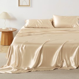 Bedsure Satin Sheets - King Sheet Set, 4 Pcs King Bed Sheets, Similar to Silk Sheets, Bed Sheets King Size for Hair and Skin, Gifts for Women (Champagne, King)