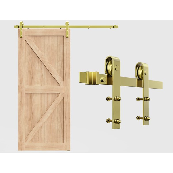 ROOMTEC 6.6FT Colorful Sliding Barn Door Hardware Track Kit, Gold Roller Kit for 1 Doors, J Shape(No Door) (6.6 FT-J Shape-Gold)