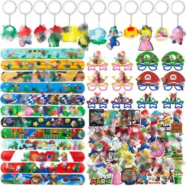 yumcute Pack of 86 Party Bags for Children's Birthdays, 50 Stickers, 12 Slap Bracelets, 12 Key Chains, 12 Party Glasses, Birthday Decoration Accessories and Toys