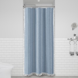 BTTN Boho Shower Stall Curtain - 36x72 Narrow Linen Ultra Thick Striped Tassel Fabric Shower Curtain Set with 6 Hooks, Half Modern Farmhouse Cottage Weighted Cloth Shower Curtains for Bathroom - Blue