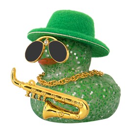 wonuu Car Dashboard Ducks, Saxophone Decor Rubber Duck Car Ornaments with Mini Top Hat Necklace Sunglasses (Light Green)