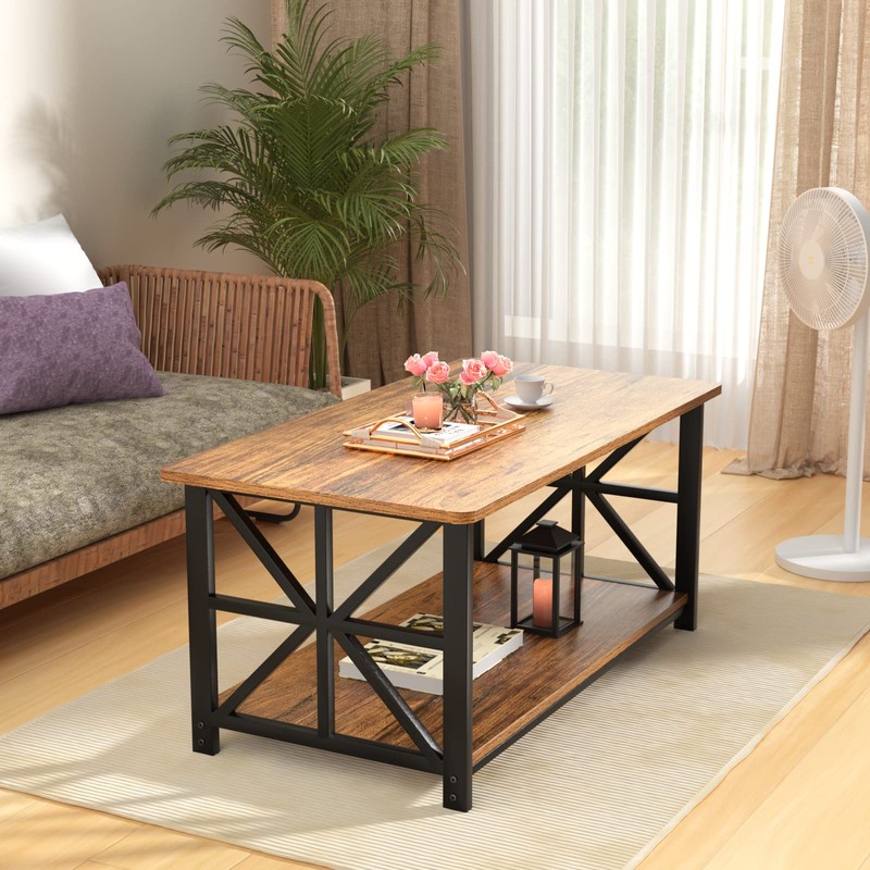 GreenForest Coffee Table with Round Corner, Farmhouse Center Table with
