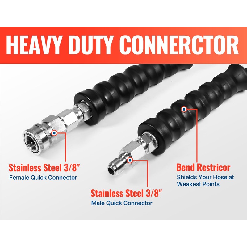 YAMATIC 3/8" Pressure Washer Hose 50FT with Stainless Steel Quick