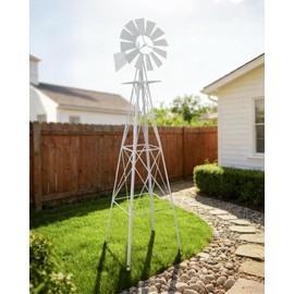 8FT Windmill for Yard Garden Decoration with Weather Vanes，Heavy Duty Outdoor Wind Mills, Large Metal Outdoor Windmill,Weather Resistant,White
