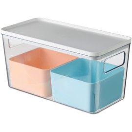 Rosanna Pansino x iDesign Recycled Plastic Kitchen Storage Bins, Includes 1 Large Bin with Lid and 2 Medium Bins, Multicolored Bins/Marshmallow Lid, 6” x 12” x 6”