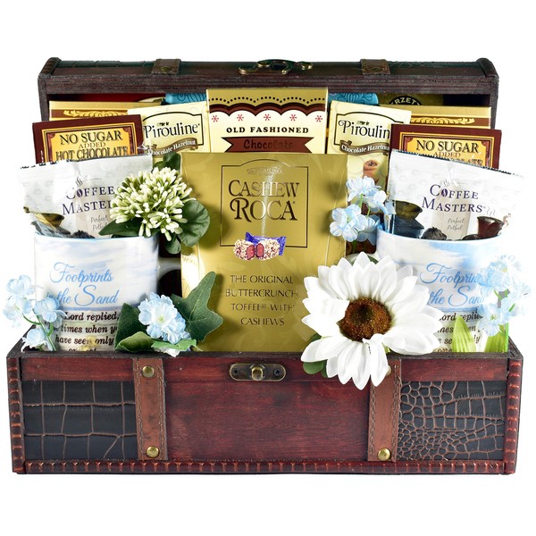 Gift Basket Village The Christian Heart - A Christian Gift Basket with Coffee Mugs, Journal and Comfort Foods in Wooden Trunk, 8 Pounds