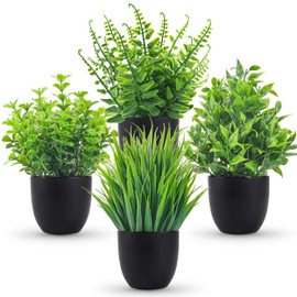 Der Rose Fake Plants 4 Packs Artificial Plants Small Faux Plants in Black Pot for Bathroom Home Office Table Decor Indoor