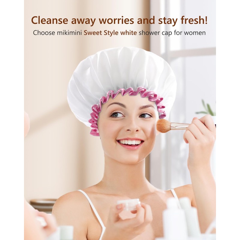 mikimini White Shower Cap Waterproof Reusable, Double Layers Bathing Hair