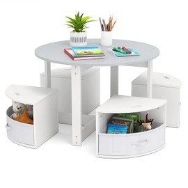 HONEY JOY Kids Table and Chair Set, Children Activity Play Table with 4 Storage Stools for Art Craft, Nesting Design Toddler Table and Chair Set for Playroom, Daycare, Gift for Boys Girls (Grey)