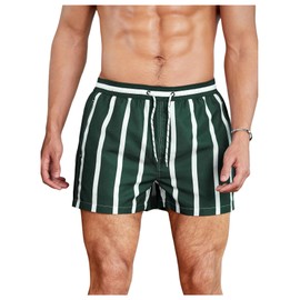 SweatyRocks Men's Striped Swim Trunks Drawstring High Waisted Quick Dry Swim Shorts with Mesh Lining and Pocket Dark Green Large
