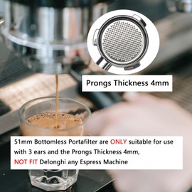51mm Bottomless Portafilter Compatible with Gevi Espresso Machine, 51mm Portafilter 3 Ears with Prongs Thickness 4mm Fits for Yabano Included Portafilter Filter Basket Espresso Accessories
