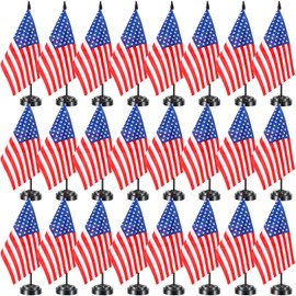 Hahafelt 24 Pcs American Desk Flag Set Small USA Flags for Table with 13" Black Pole, Black Base and Spear Top, American Flag for Home Office Party Festival Celebrations Decor