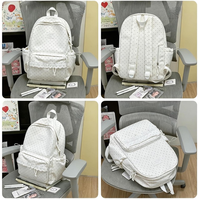 Polka Dot Backpack, Y2K Lace Aesthetic Canvas Daypack with Bow