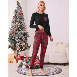 difficort Pajamas for Women Plaid Christmas Pajamas Long Sleeve Print Pj Set with Pocket, Black, Large