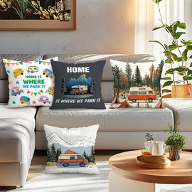 LANBEIDE Caravan Cushion Cover, 45x45cm Set of 4 Campervan Accessories UK Prensent Home is Where We Park it Pillow Cover Camper Motorhome Gadgets Home Decor for Holiday Bed Couch Sofa 18"x18"