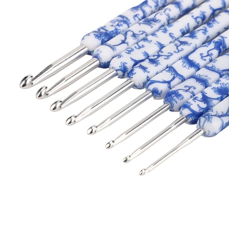 8pcs Crochet Hook Set Blue White Porcelain Printing Hand Polished