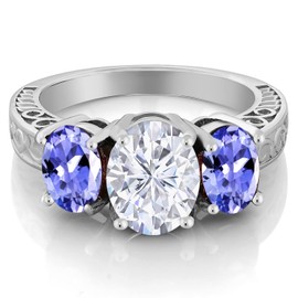 Gem Stone King 925 Sterling Silver Blue Tanzanite Ring Set with Moissanite (3.60 Cttw) (Size 6)