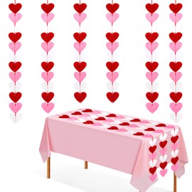 VitalCozy 7 Pcs Valentines Day Decorations Felt Heart Garlands Plastic Tablecloth Red Pink White Hanging String Banner Disposable Table Cover Valentines Party Supplies for Wedding Anniversary(Pink)