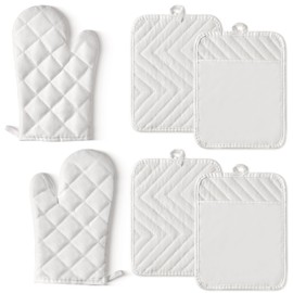 GROBRO7 6Pcs Cotton Oven Mitts and Pot Holders Set Heat Resistant Hot Pads Machine Washable Polyester BBQ Gloves with Hanging Loop Durable Pocket Pot Holder for Kitchen Baking Grilling Cooking White