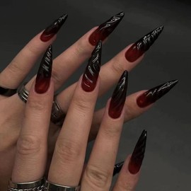 Vopintpy 3D Lines Gradient Press on Nails Long Almond Glossy Fake Nails Artificial Acrylic Glue on Nails Reusable Full Cover Stick on Nails for Women DIY Charm Manicure