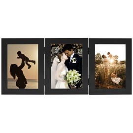 Golden State Art, 5x7 Three Picture Frame Trifold Hinged Photo Frame with 3 Openings, Desk Top Family Picture Collage, with Real Glass (5x7 Triple, Black, 1-Pack)