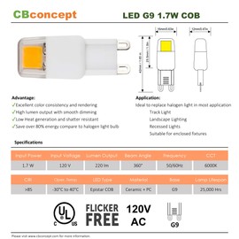 CBconcept UL-Listed, G9 LED Light Bulb, 2-Pack, Epistar COB 1.7 Watt, 220 Lumen, Not Dimmable, Pure White 6000K, 360° Beam Angle, 120 Volt, 25W Equivalent, Halogen G9 Replacement Bulb
