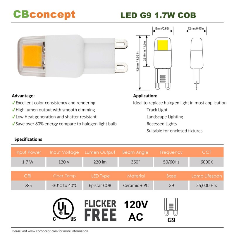 CBconcept UL-Listed, G9 LED Light Bulb, 2-Pack, Epistar COB 1.7