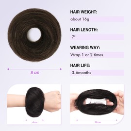 SOFEIYAN Human Hair Bun 100% Real Human Hair 16g Messy Bun Natural Tousled Fluffy Donut Updo Elegant Chignon with Elastic Rubber Band Hair Piece for Women - Dark Brown with 15% Dark Cocoa Blonde