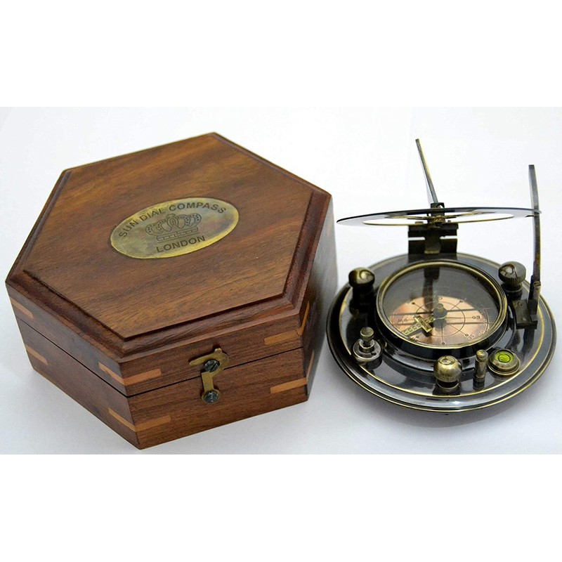 Nautical Antique Gilbert Brass Decorative Sundial Compass with Rose Wood