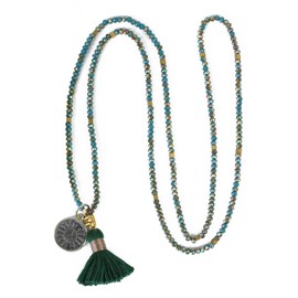 KELITCH Round Sakyamuni Buddha Pendant Necklaces Tassel Crystal Beaded Strand Necklace
