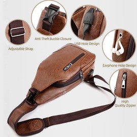 Peicees Leather Sling Bag Mens Crossbody Bag Chest Bag Sling Backpack for Men with USB Charge Port
