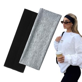 7cm Wide Black Headbands for Women Men, 2pack Fashion Head Bands for Women's Hair, Soft Fabric Stretchy Hair Bands for Makeup, Yoga, Running (Black/Grey, 2.7 X 8.6 inches)