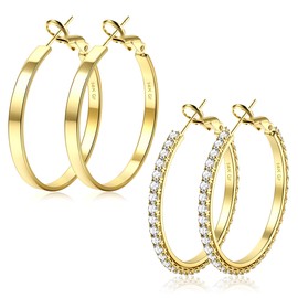 BESTEEL 2 Pairs 14K Gold Hoop Earrings for Women Hypoallergenic Sterling Silver Big Large Gold Hoops Set Thin Rhinestone Earrings Pack Lightweight 30mm