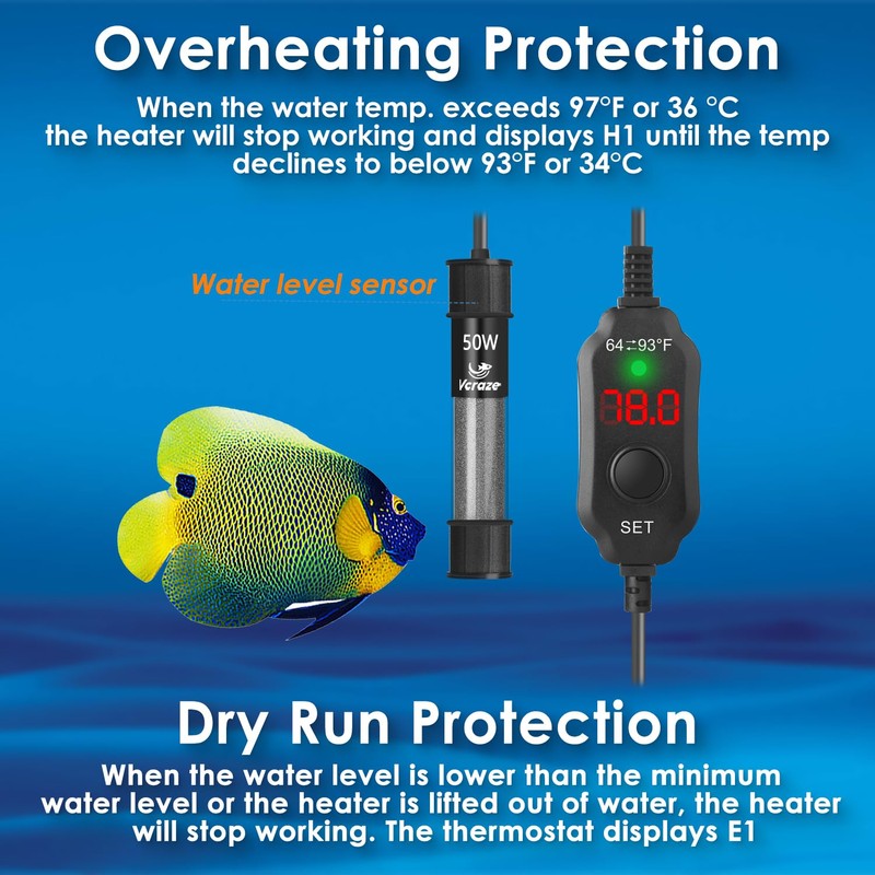 VCRAZE Super Compact 50W Fish Tank Heater, Submersible Aquarium Heater