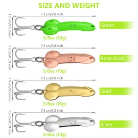 4 Pices Fishing Lures Fishing Spoons Treble Hooks Spinning Lures Hard Metal Spinner Baits kit, 3/8oz, Gold, Silver, Rose Gold, Green