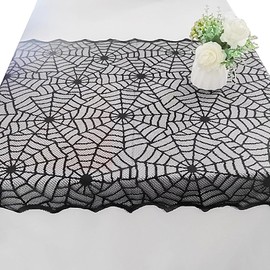 CPCOIN Black Lace Tablecloth 32" x 41" Halloween Spider Cobweb Table Cover Decor for Scary Festive Party Rectangular Tables Cloths for Fireplace Scarf Halloween Table Decorations