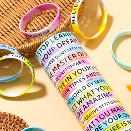 KUCLIN 60 Pieces Motivational Quote Rubber Wristbands Colored Inspirational Silicone Bracelets Stretch Unisex Wristbands for Women Men Teens Gifts, 20 Styles (Swirl Colors)